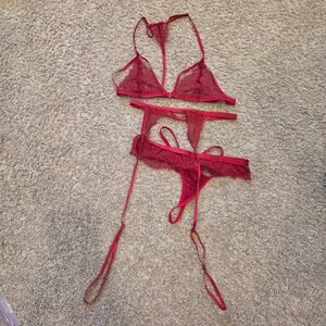 NWOT Red 3pc lingerie set; bralette, panties and garter belt sz XS/S